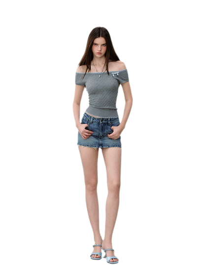 Light Indigo Distressed Denim Skort