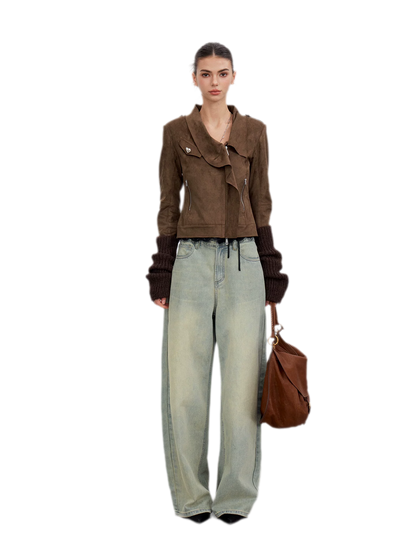Suede-Effect Asymmetric Cropped Jacket