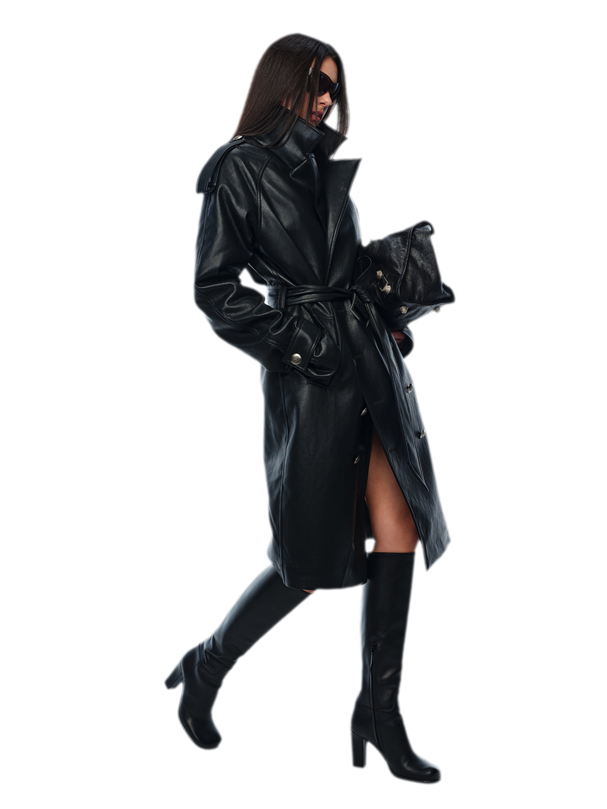 PU Leather Belted Trench Coat