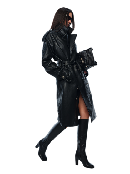 PU Leather Belted Trench Coat