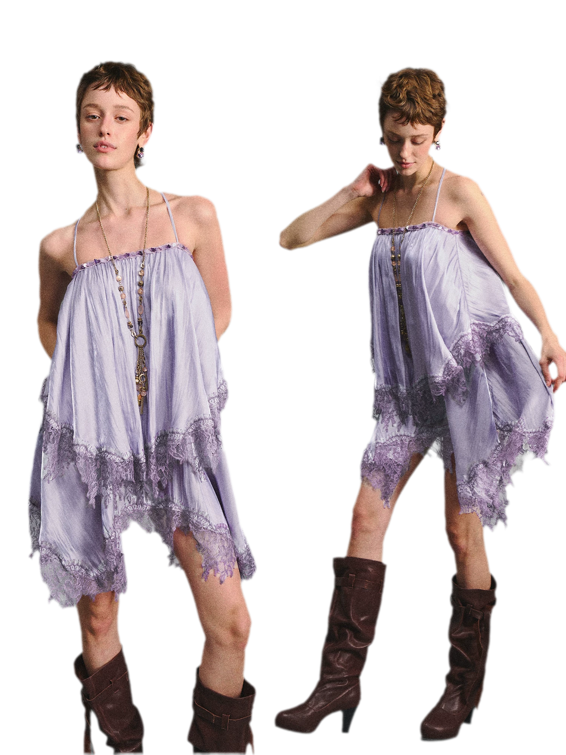 Lace Satin Beaded Strap Dress