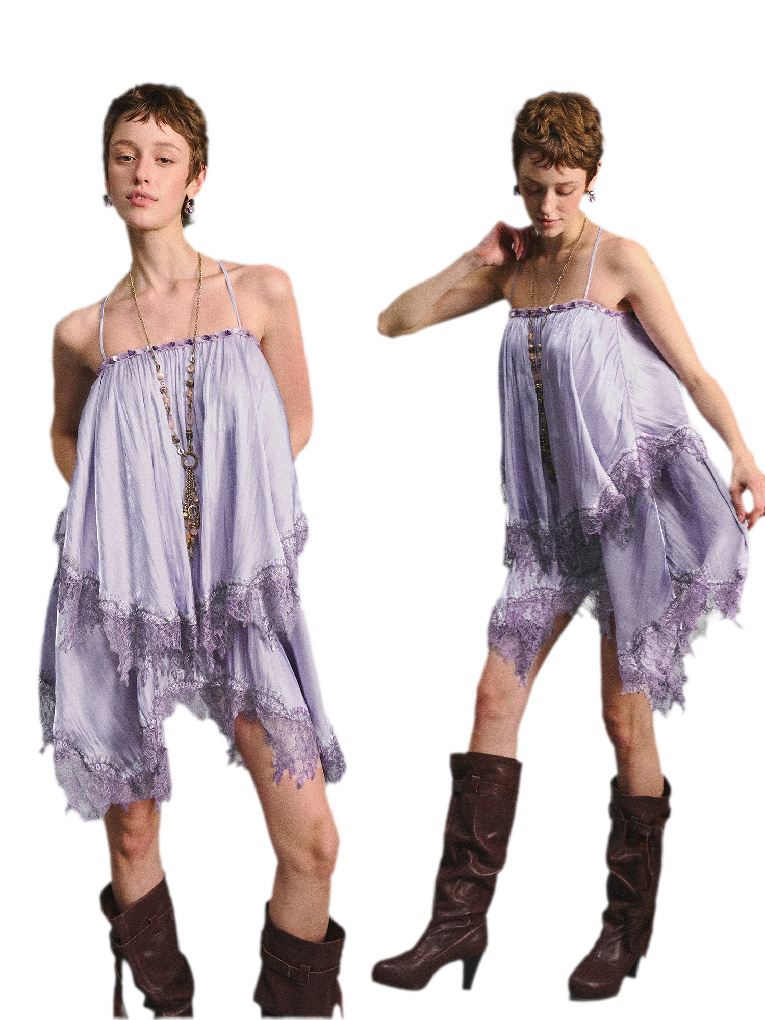 Lavender Galaxy Lace Satin Beaded Strap Dress