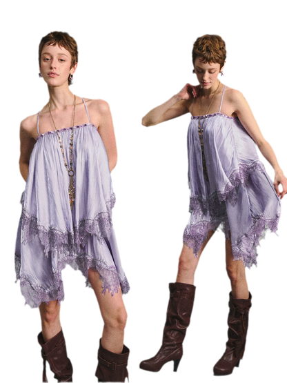 Lavender Galaxy Lace Satin Beaded Strap Dress