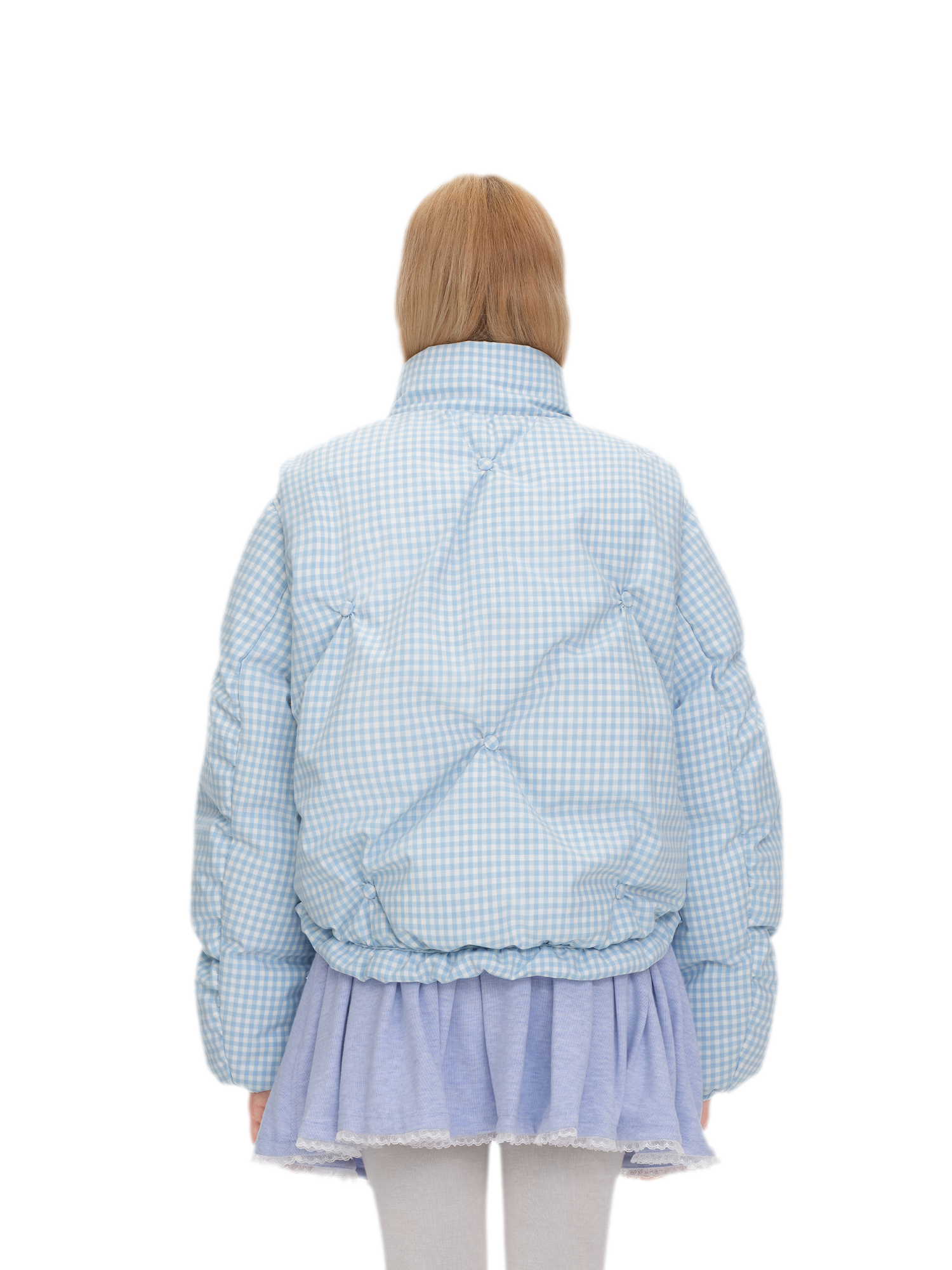 Gingham Puffy Stand-Collar Down Jacket