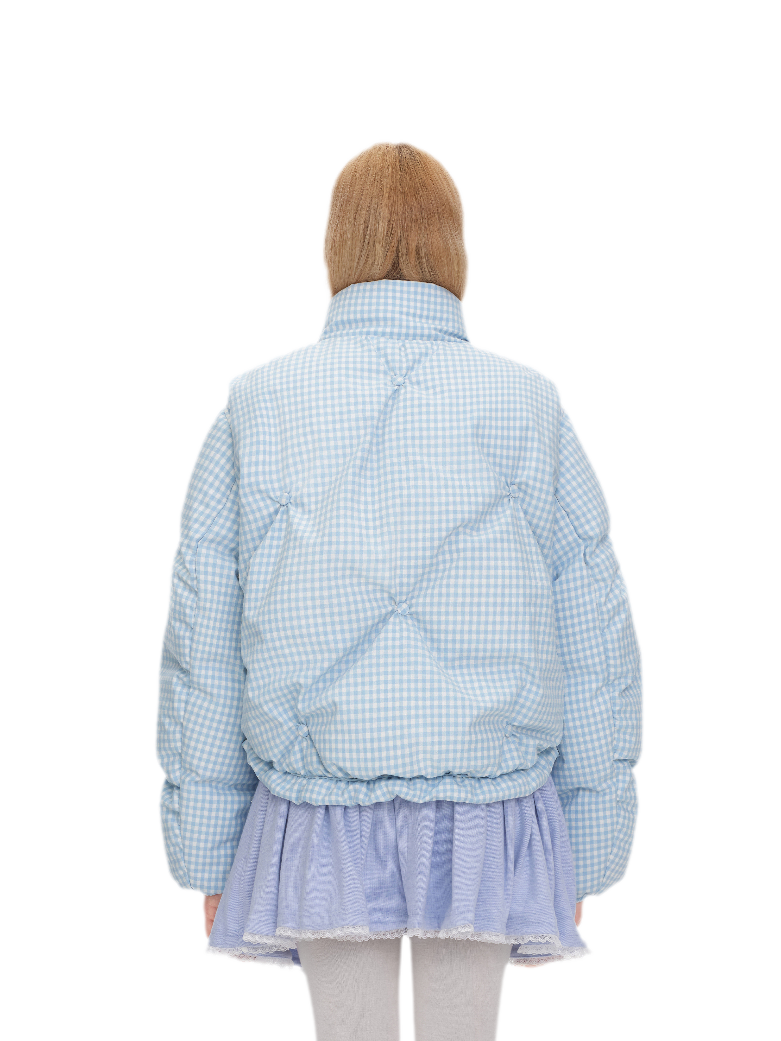 Gingham Puffy Stand-Collar Down Jacket