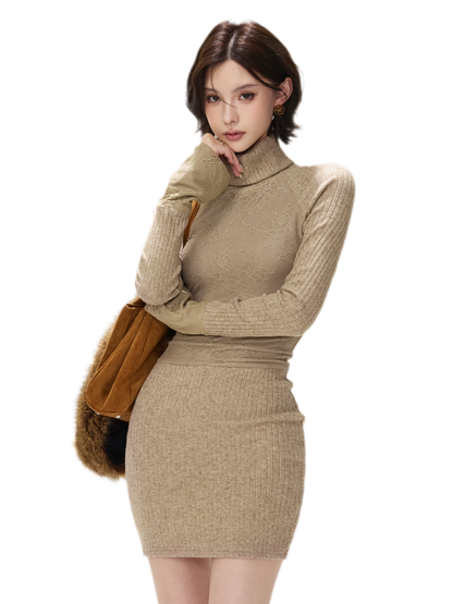 Lace Panel Ribbed Mini Dress