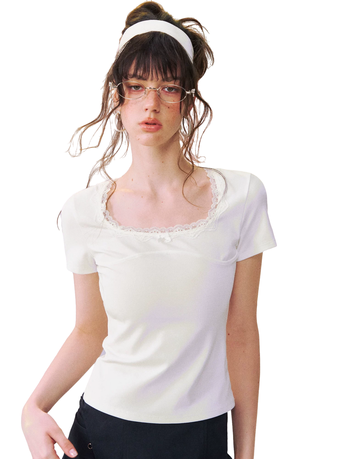 Square Neck Lace-Panel Slim T-shirt