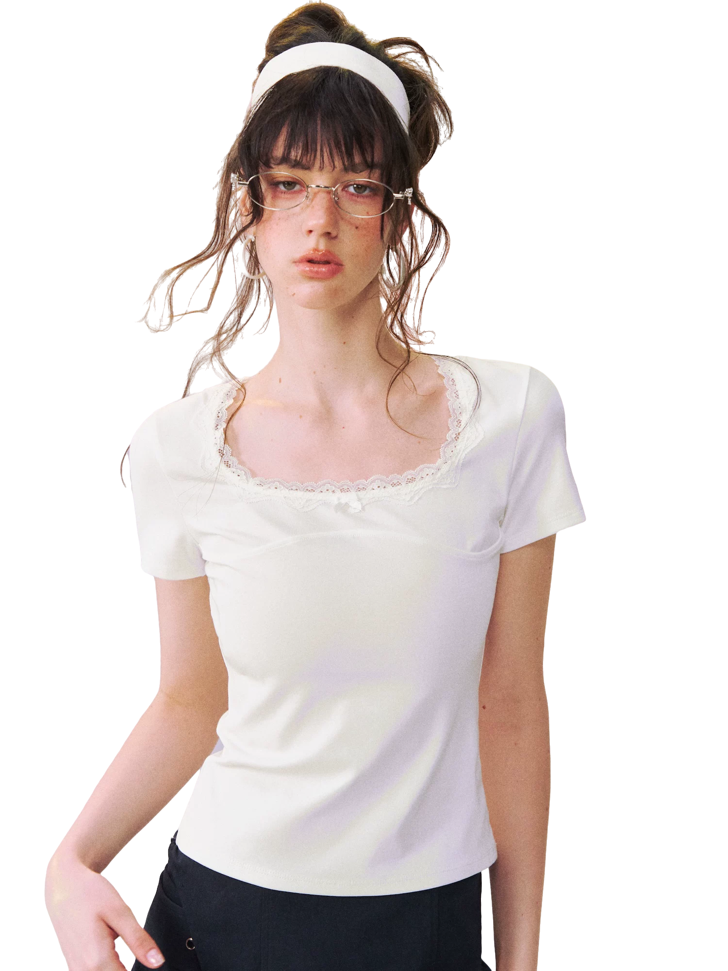 Square Neck Lace-Panel Slim T-shirt