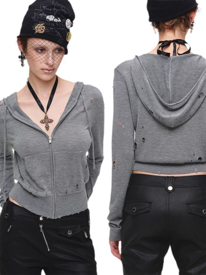 Distressed Hooded Knit Cardigan