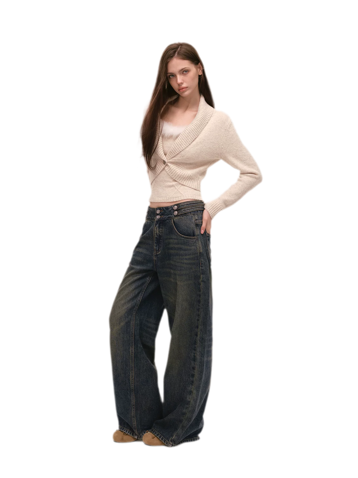 Quần jeans ống rộng giặt bạc chải xước