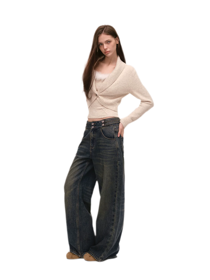 Quần jeans ống rộng giặt bạc chải xước