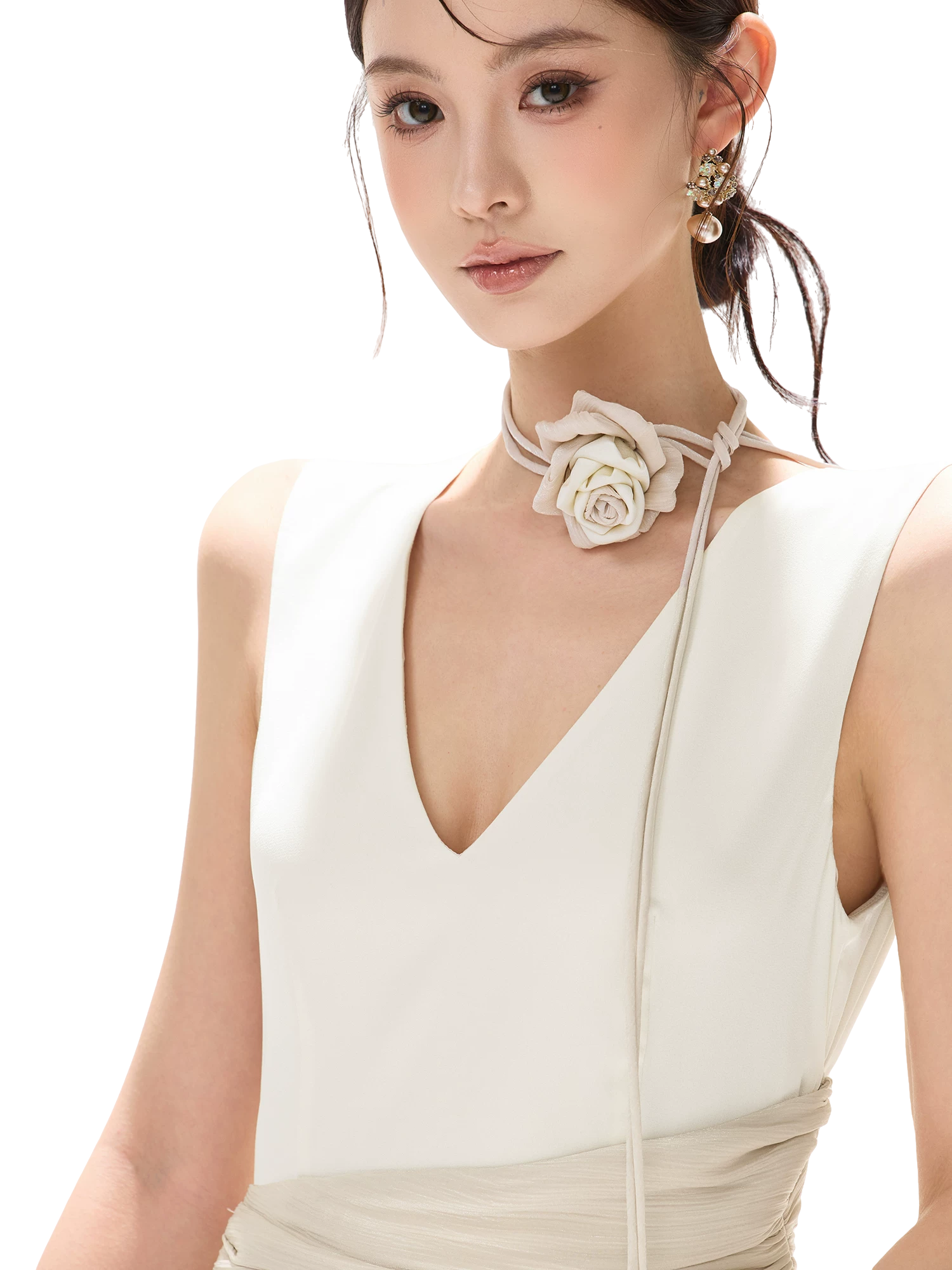 French Style Colorblock Pleated Satin V-Neck Dress