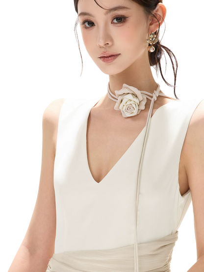 French Style Colorblock Pleated Satin V-Neck Dress