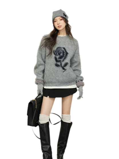 Rose Jacquard Grey Sweater