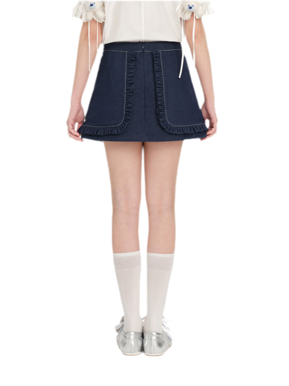 Bow Lace Denim Skort