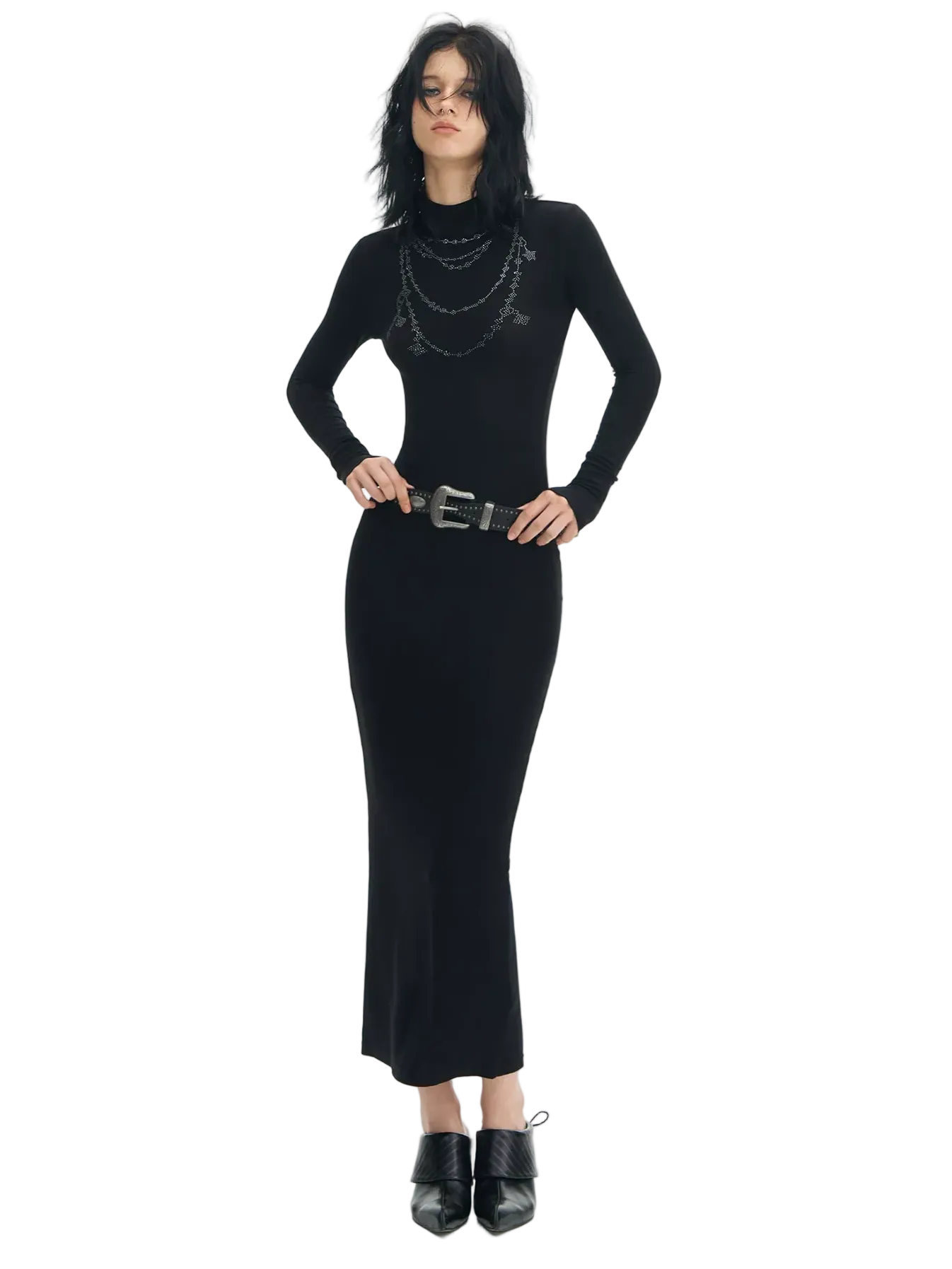 DeleteEX Rhinestone Slim Knit Dress Brown / L