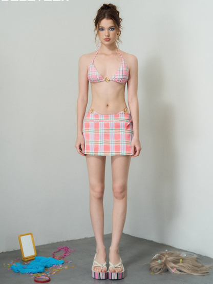 Plaid Bow Mini Skirt Set