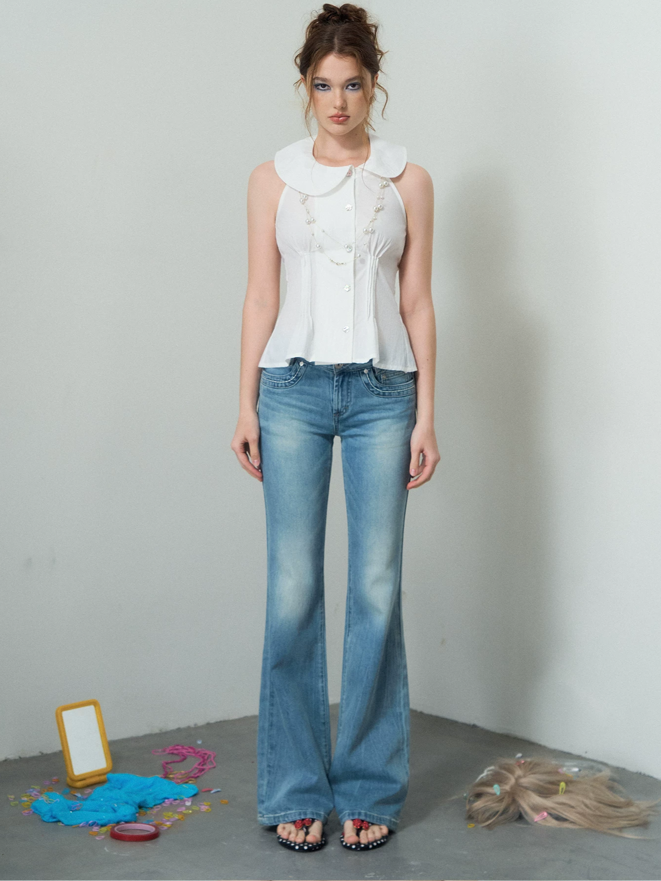 Washed Low-Rise Flare Jeans