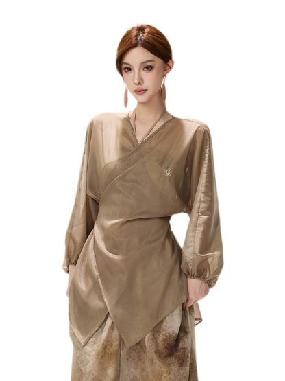 Sheer Wrap Asymmetric Blouse