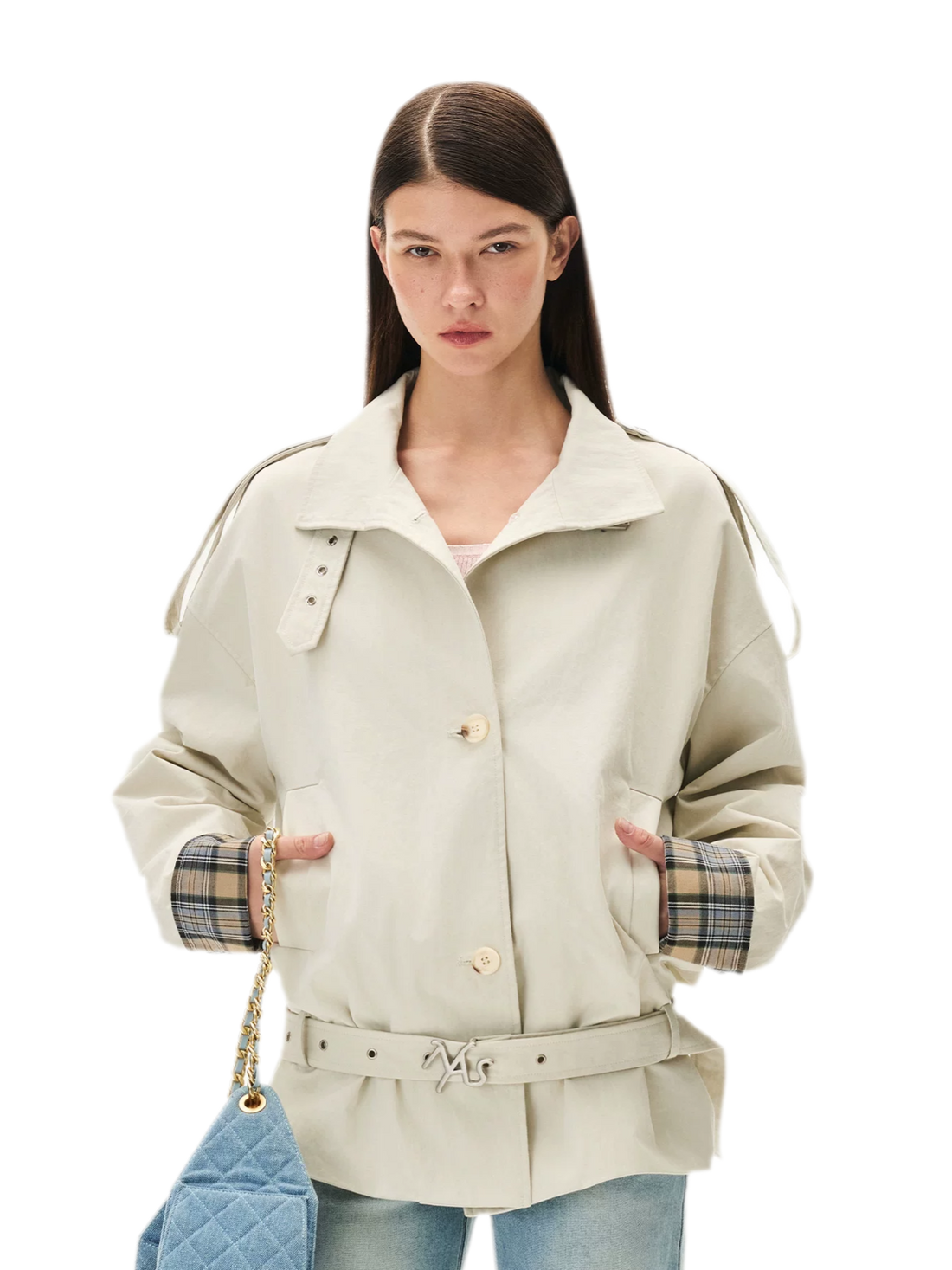 Contrast Plaid Belted Mid-Length Jacket