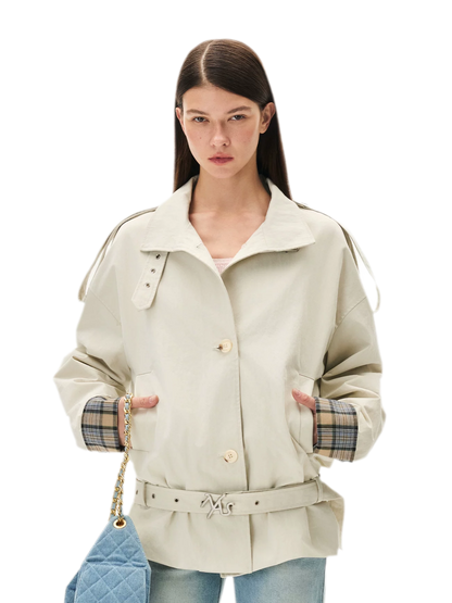 Contrast Plaid Belted Mid-Length Jacket