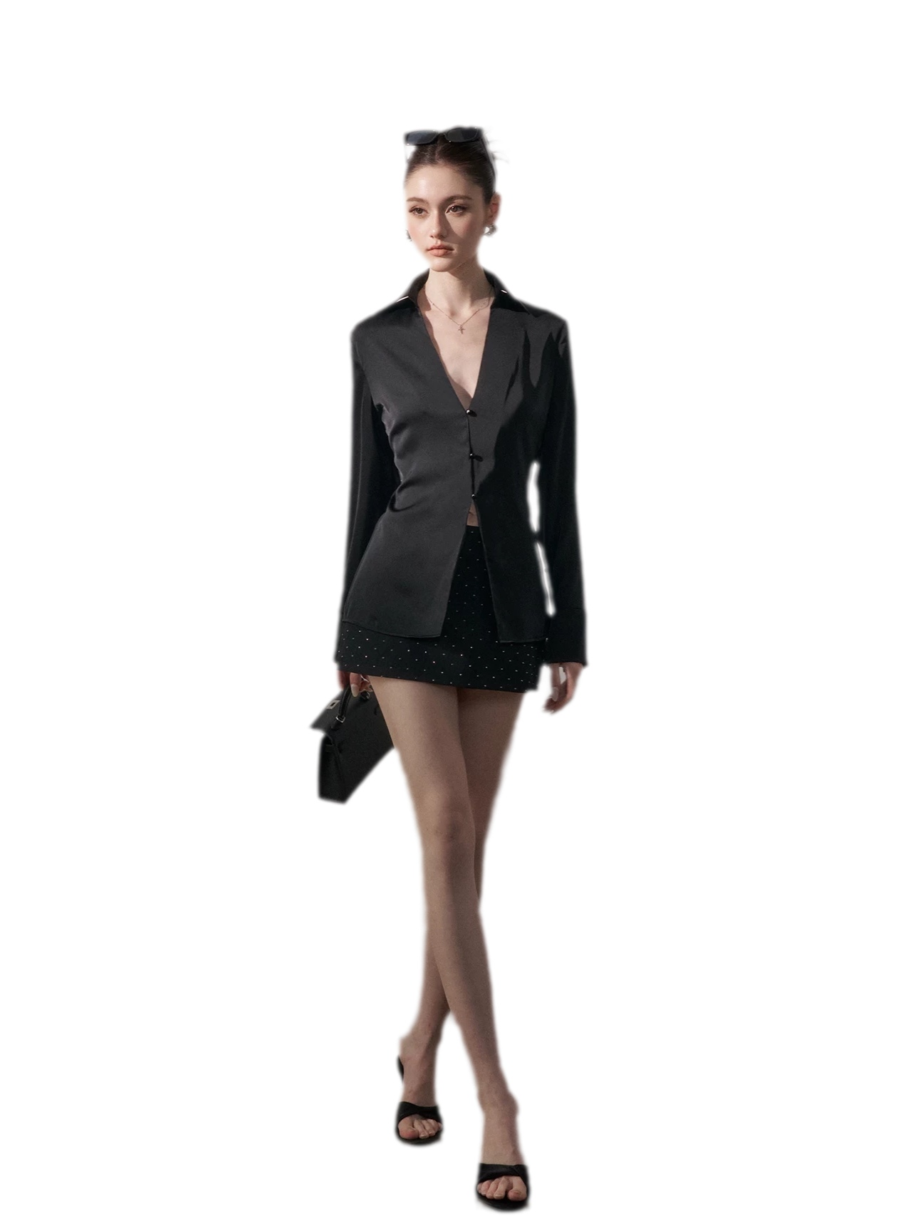Satin Three-Button V-Neck Blouse