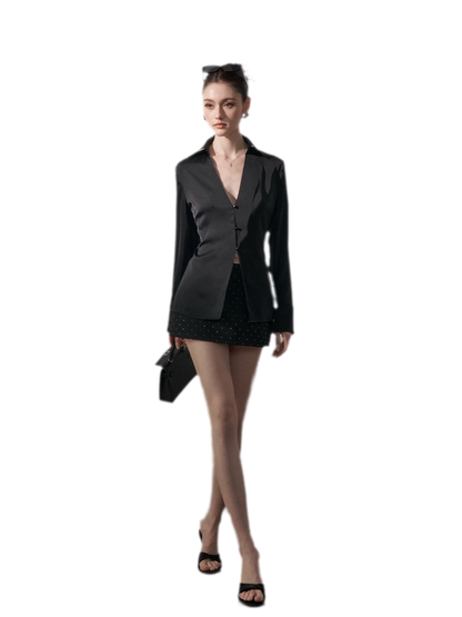 Satin Three-Button V-Neck Blouse