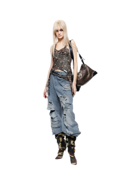 Patchwork Distressed Straight-Leg Jeans