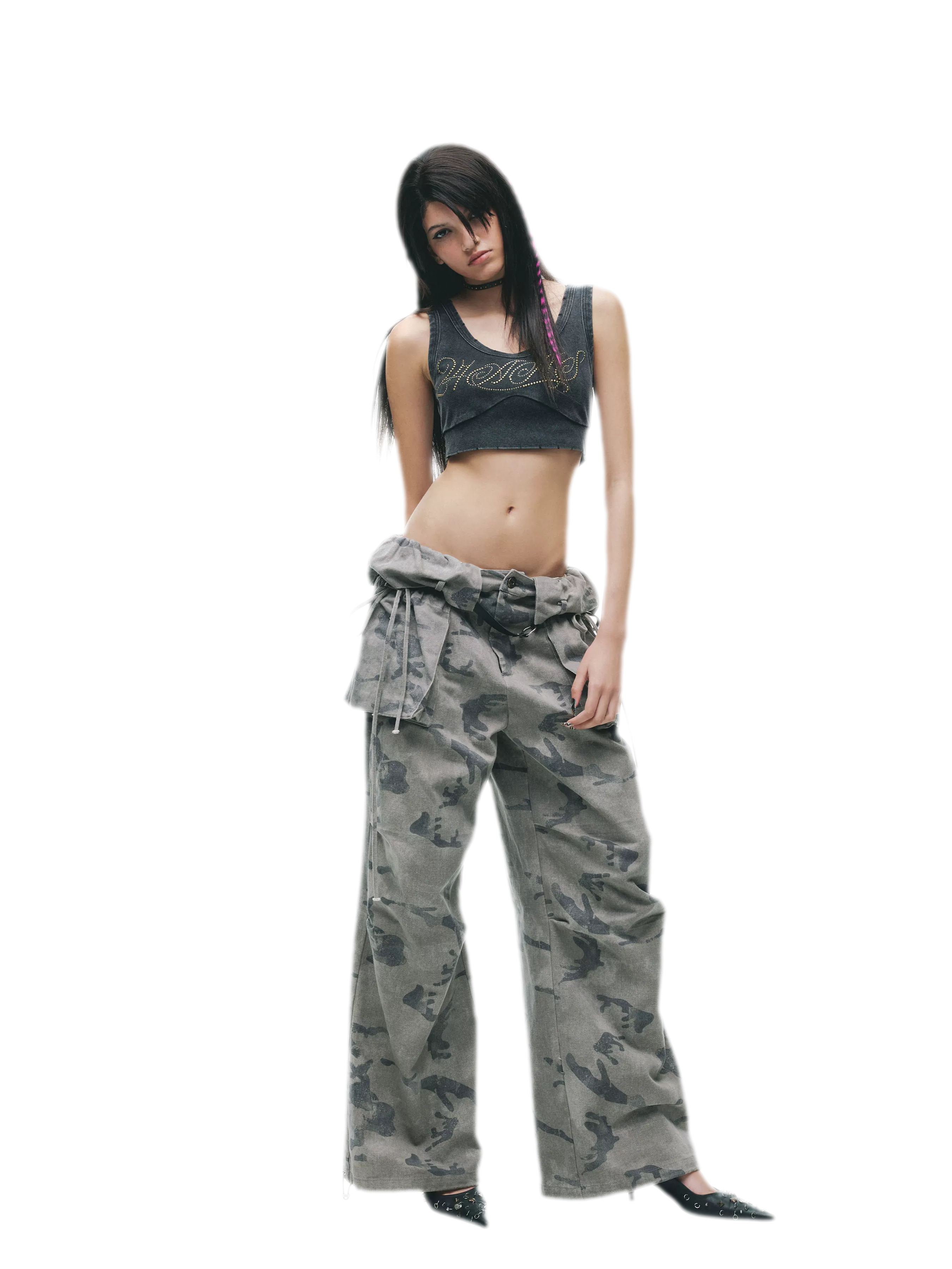 Washed Camouflage Wide-Leg Jeans