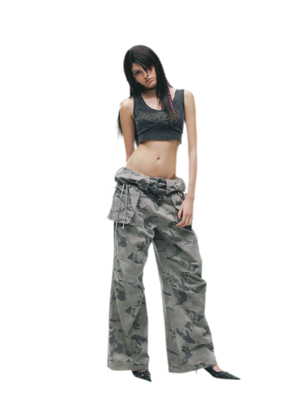 Washed Camouflage Wide-Leg Jeans