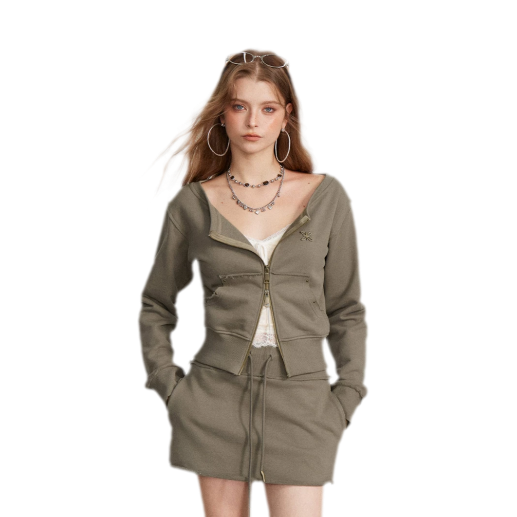 Raw Edge Zip Sweatshirt Set