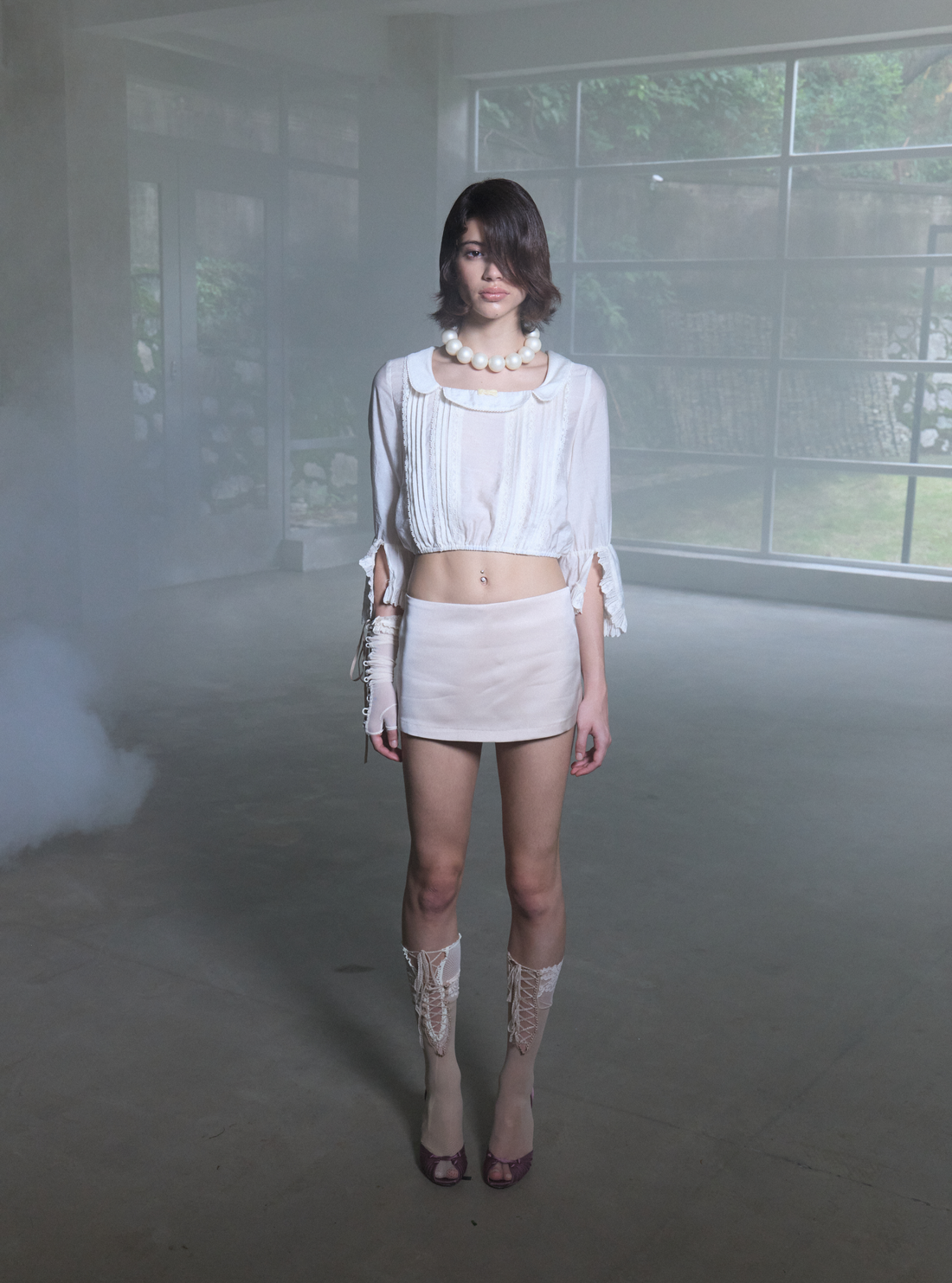 Textured Lace Bow Collar Blouse
