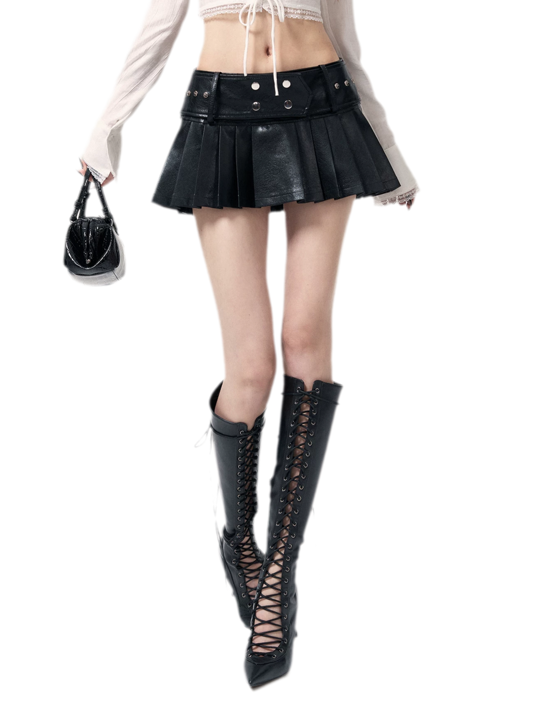 Pleated Low-Waist Leather Mini Skirt