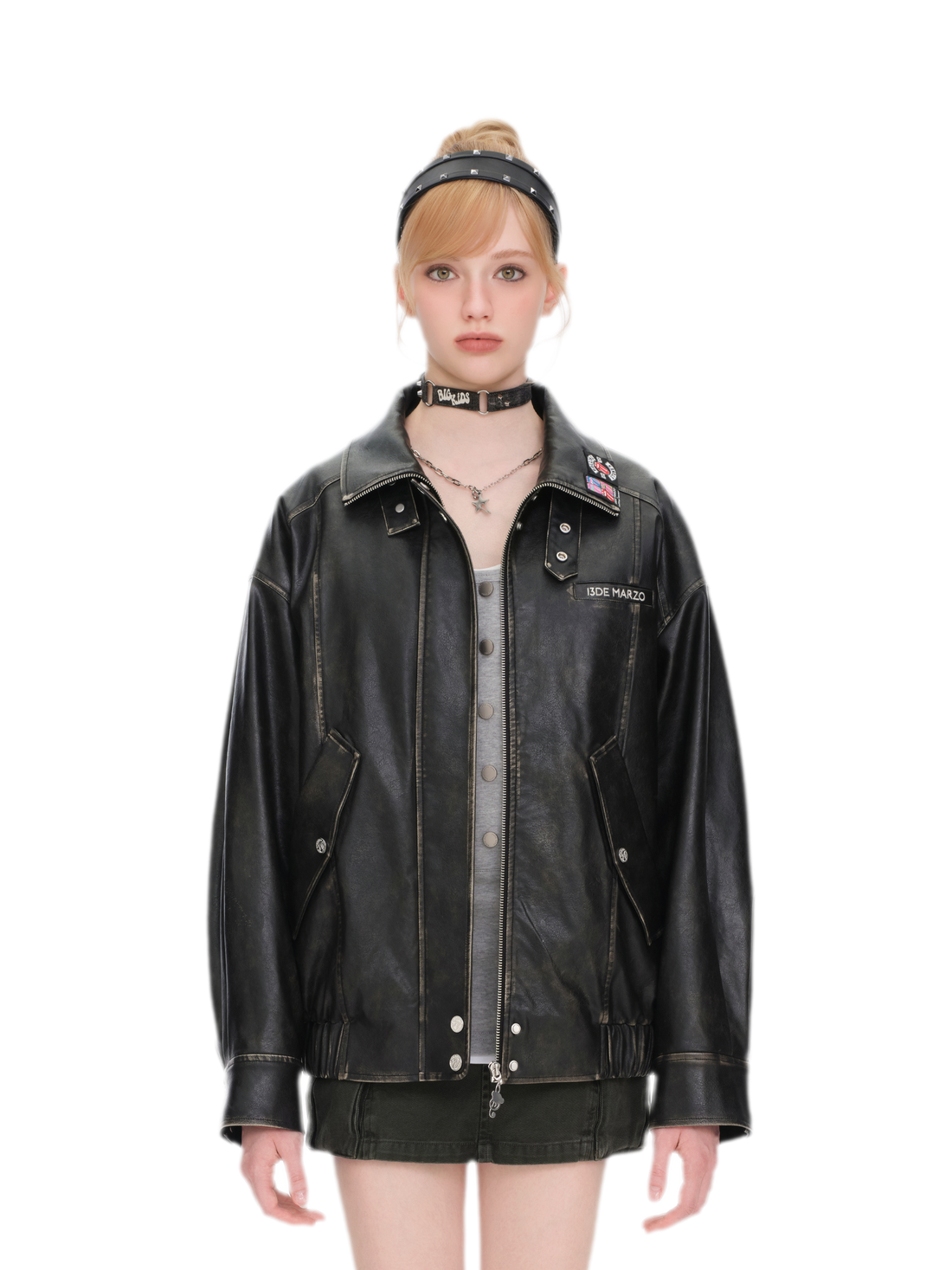 Fauxlederjacke mit Distressed-Bärenmotiv