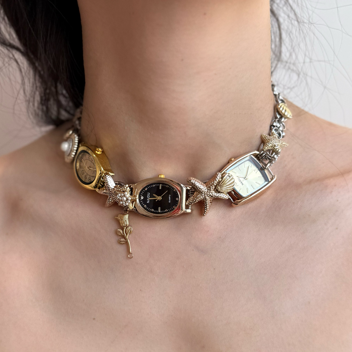 Vintage Watchface Starfish Choker Necklace