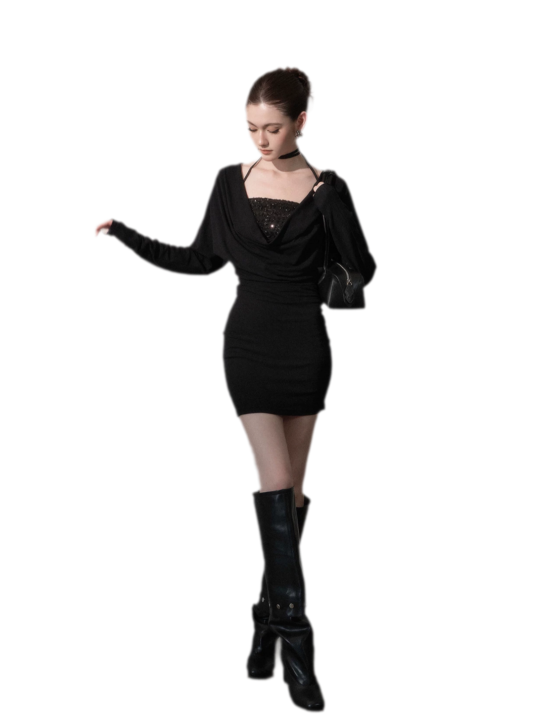 Sequined Draped Cowl Bodycon Dress