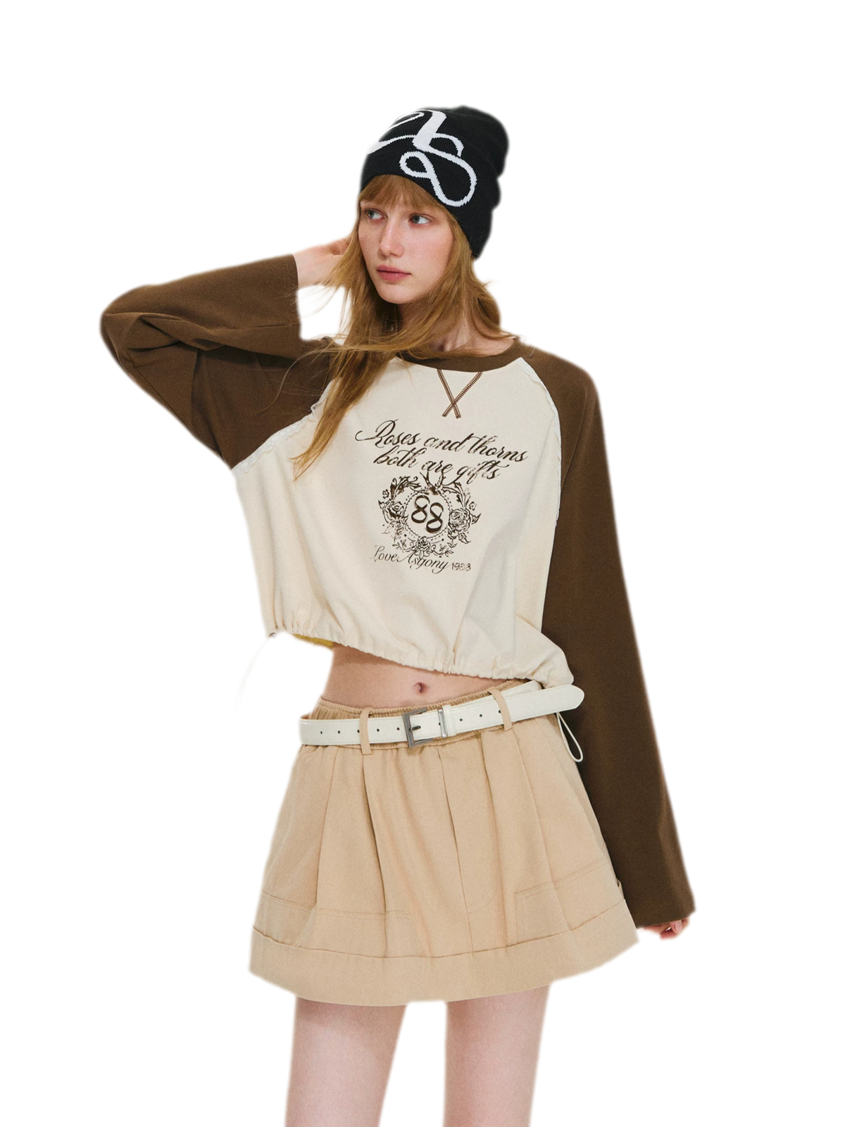 Cotton Raglan Cropped Long-Sleeve Top
