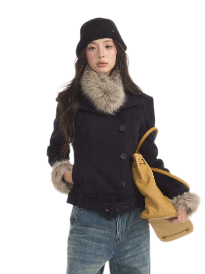 Detachable Fur Collar Twill Coat