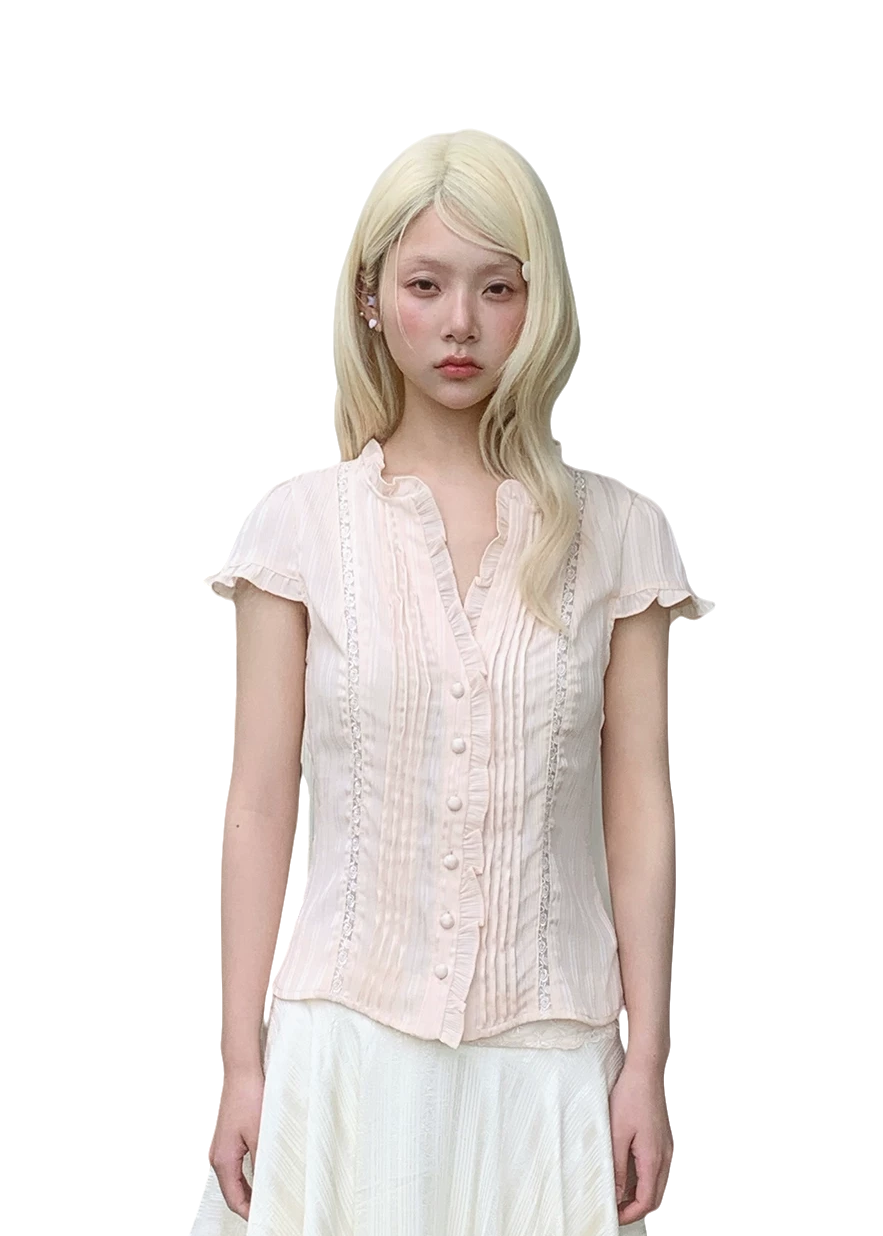Ruffle Lace Waist-Trim Short Sleeve Shirt