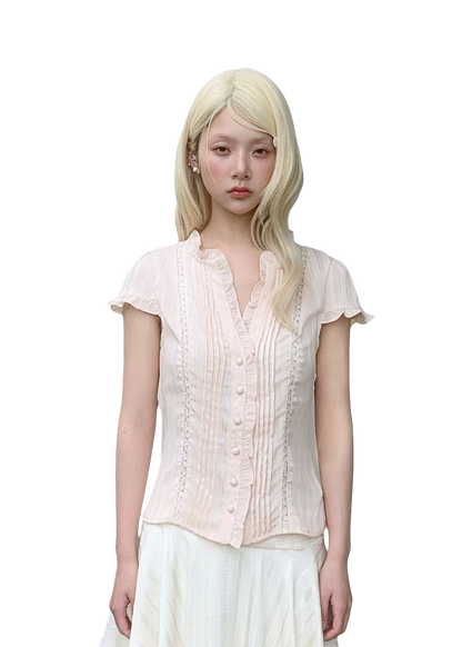Ruffle Lace Waist-Trim Short Sleeve Shirt