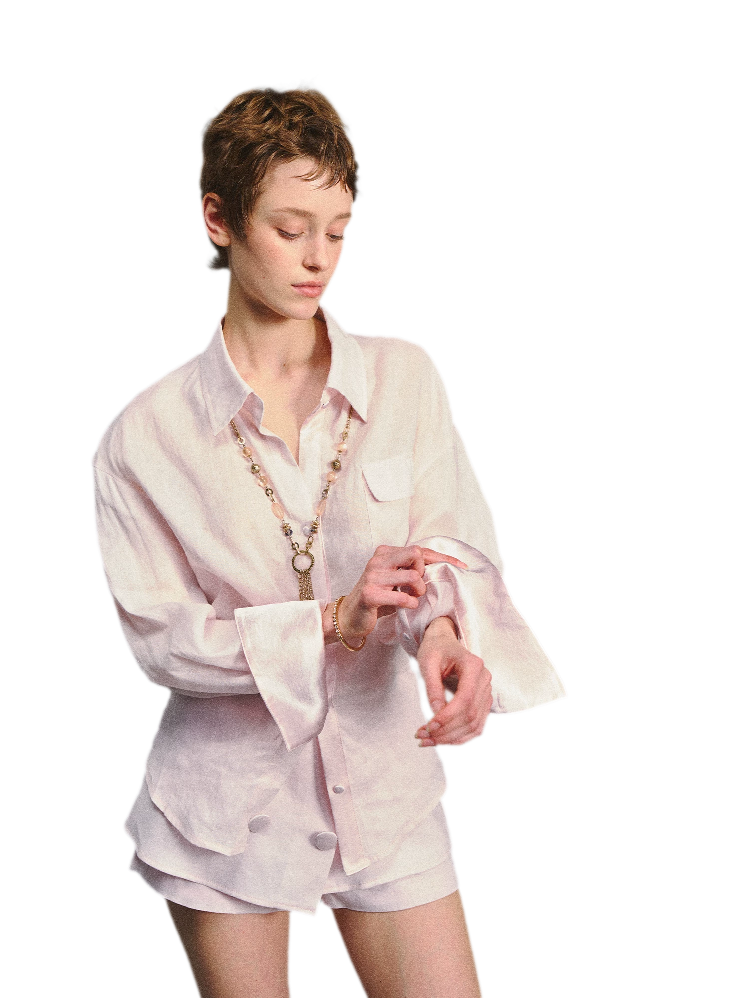 Linen Satin Waist-Cinched Shirt &amp; Skirt Set