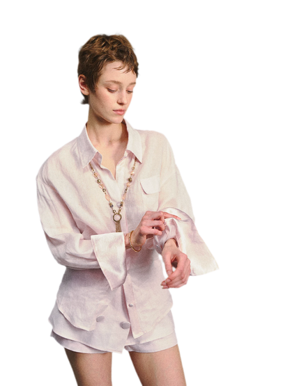 Linen Satin Waist-Cinched Shirt &amp; Skirt Set
