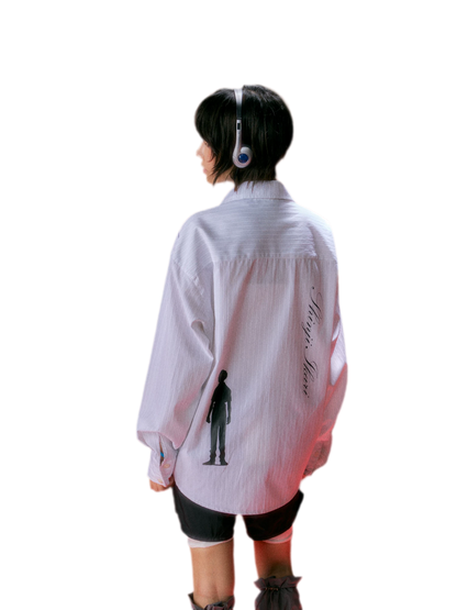 Fine-Stripe Embroidered Graphic Shirt