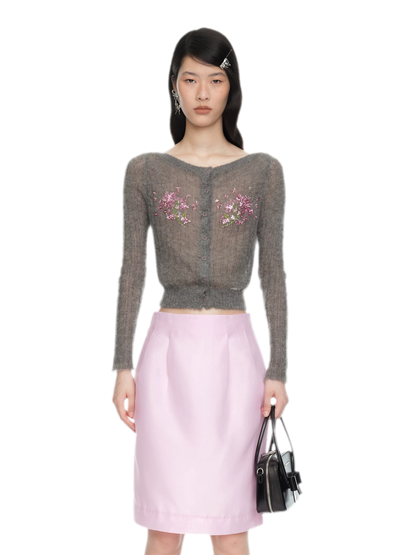 Beaded Floral Fitted Knit Top