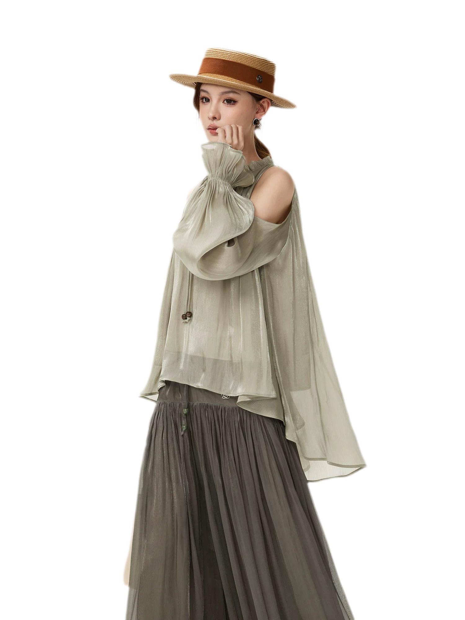 Shimmering Ruffle Cold-Shoulder Blouse