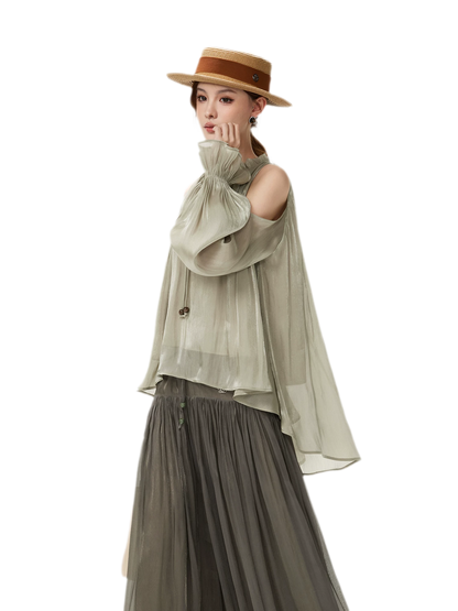 Shimmering Ruffle Cold-Shoulder Blouse