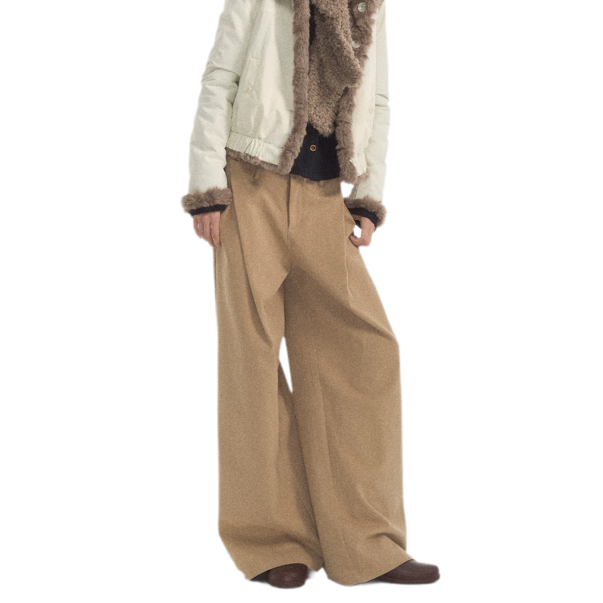 Geplooide broek met wijde pijpen van wolachtige stof