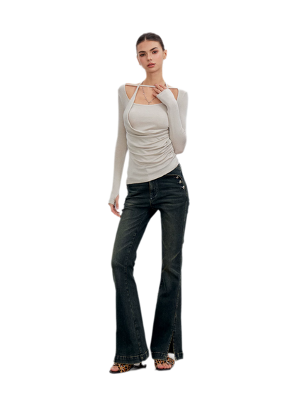 Washed Slit Flare Jeans