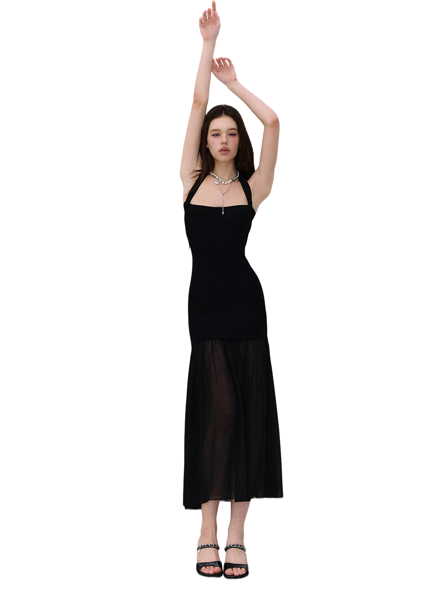 Dark Muse Spliced Mesh Halter Slim Long Dress