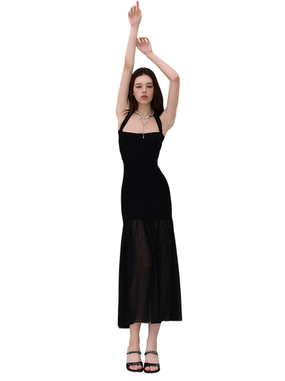 Dark Muse Spliced Mesh Halter Slim Long Dress